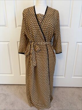 2 piece Women’s Long Wrap Robe and Gown in Gold and Black Sheer Geometric Print